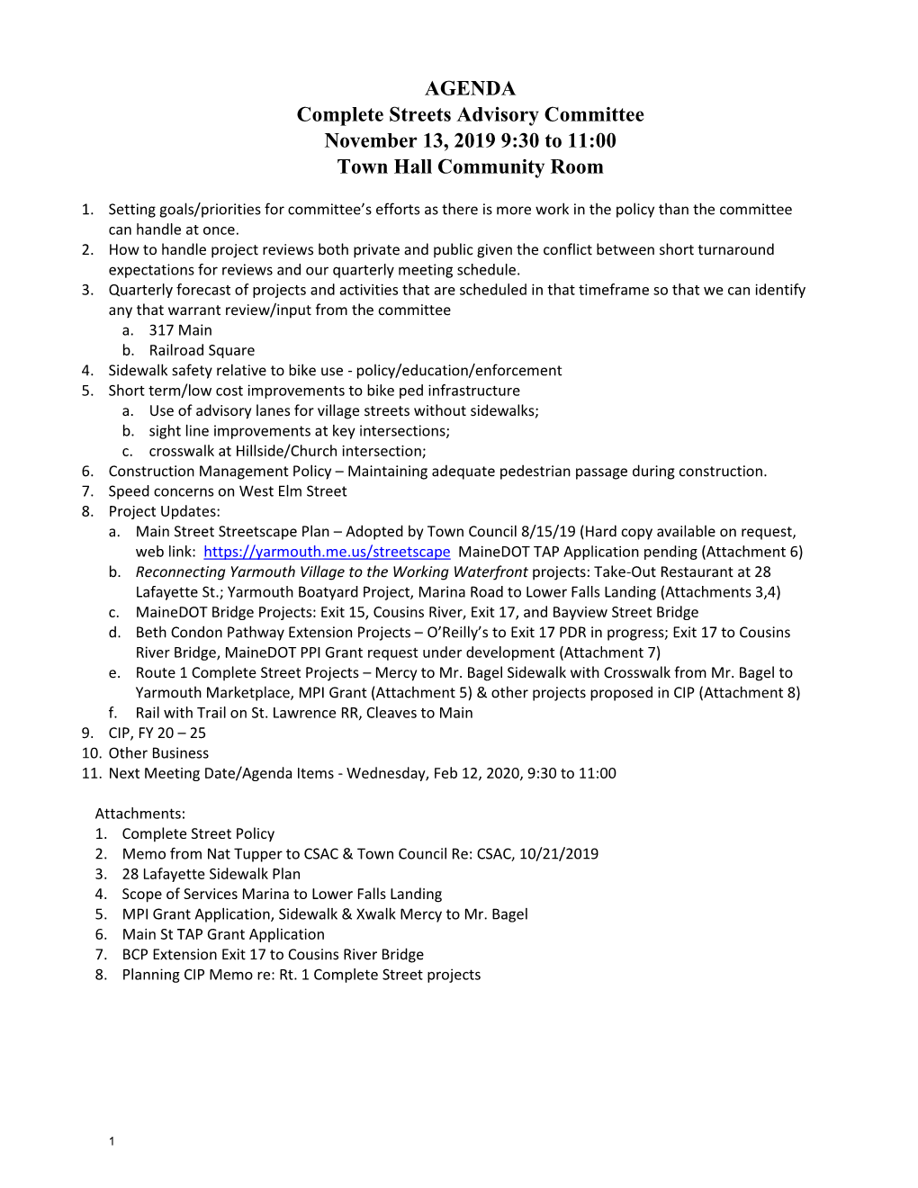 AGENDA Complete Streets Advisory Committee November 13, 2019 9:30 to 11:00 Town Hall Community Room