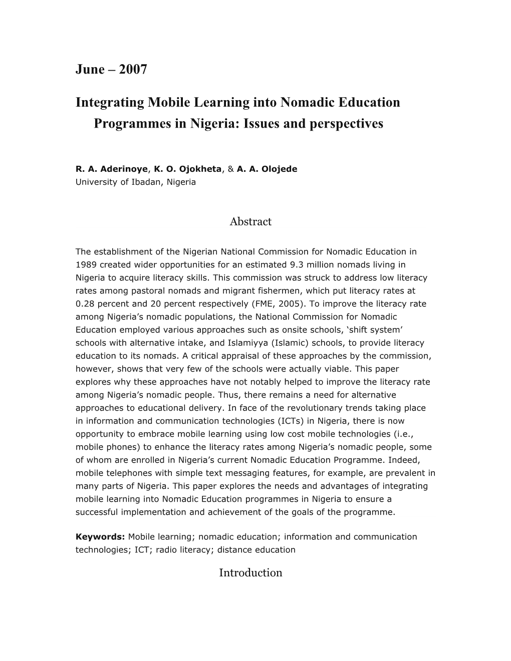 Integrating Mobile Learning Into Nomadic Education Programmes in Nigeria: Issues And