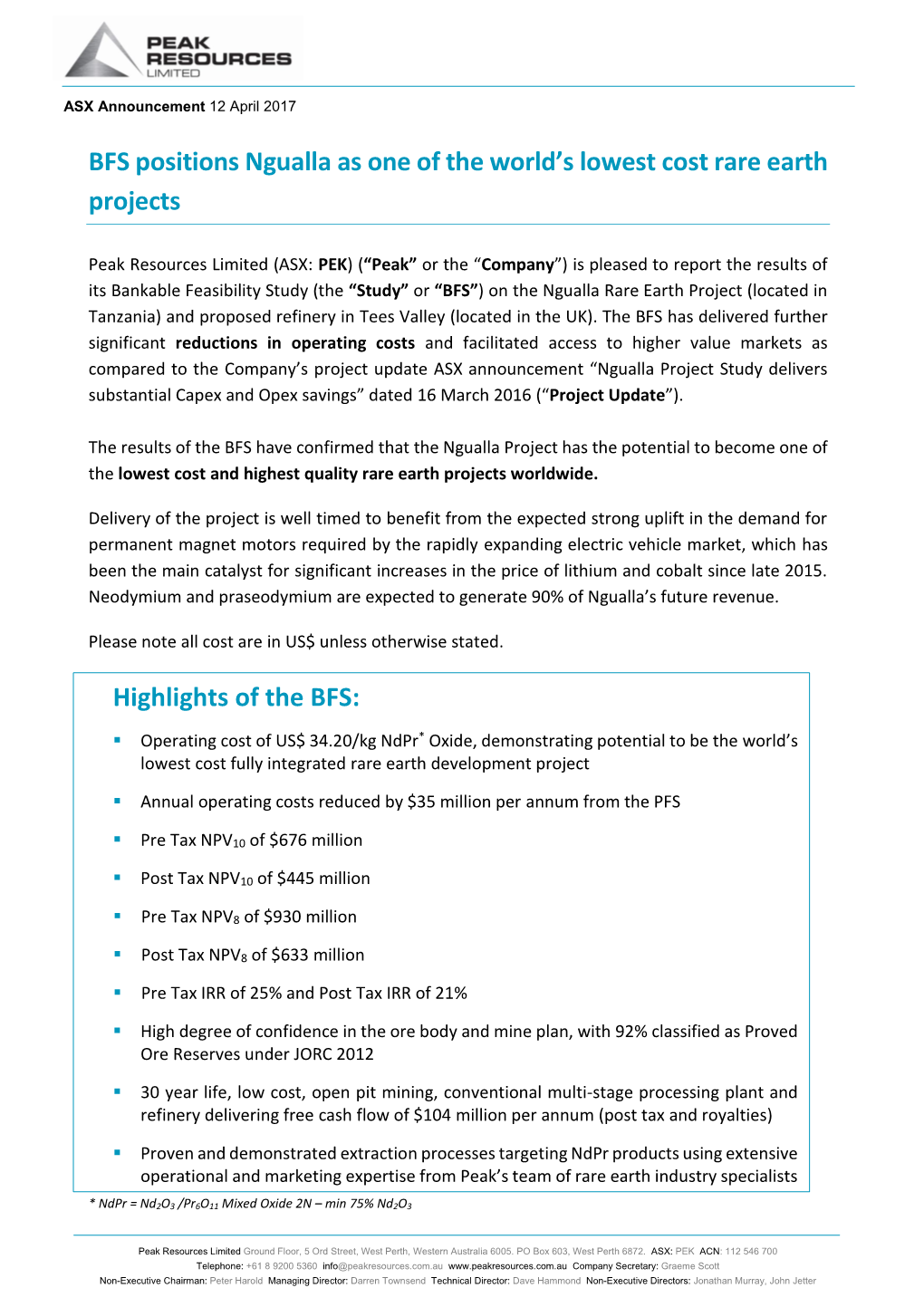 BFS Positions Ngualla As One of the World's Lowest Cost Rare Earth