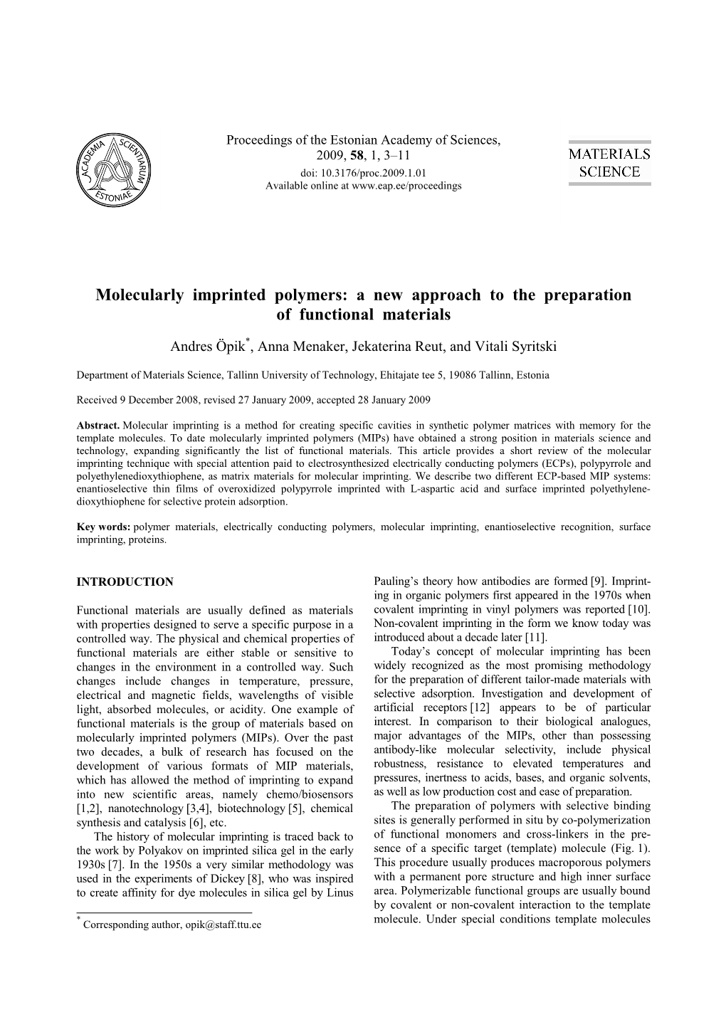 Molecularly Imprinted Polymers: a New Approach to the Preparation of Functional Materials