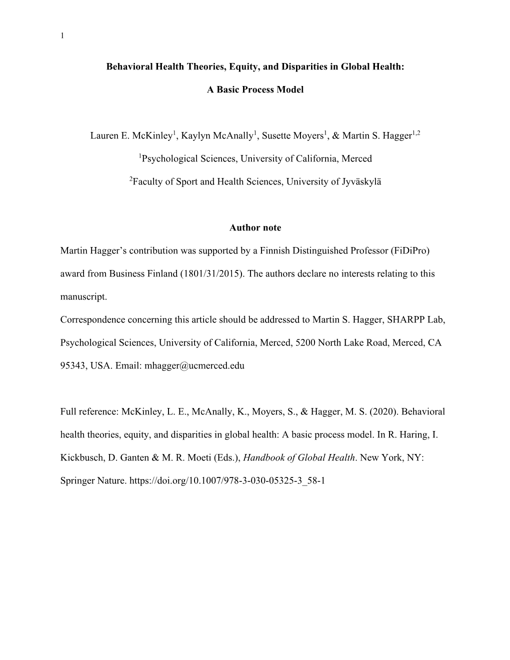 Behavioral Health Theories, Equity, and Disparities in Global Health