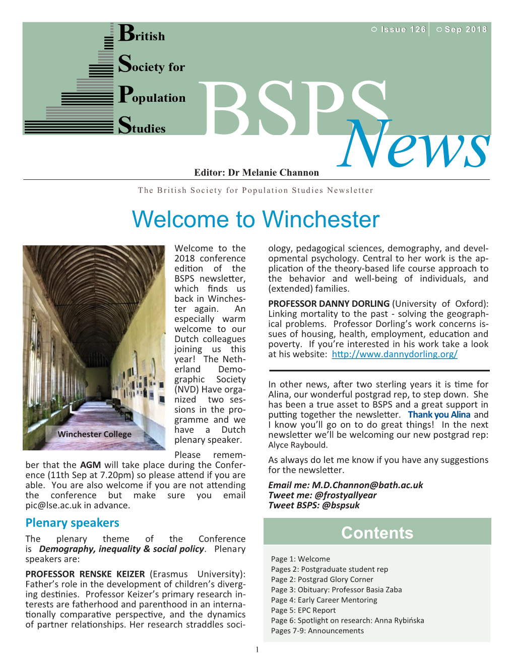 BSPS Editor: Dr Melanie Channon News the British Society for Population Studies Newsletter Welcome to Winchester