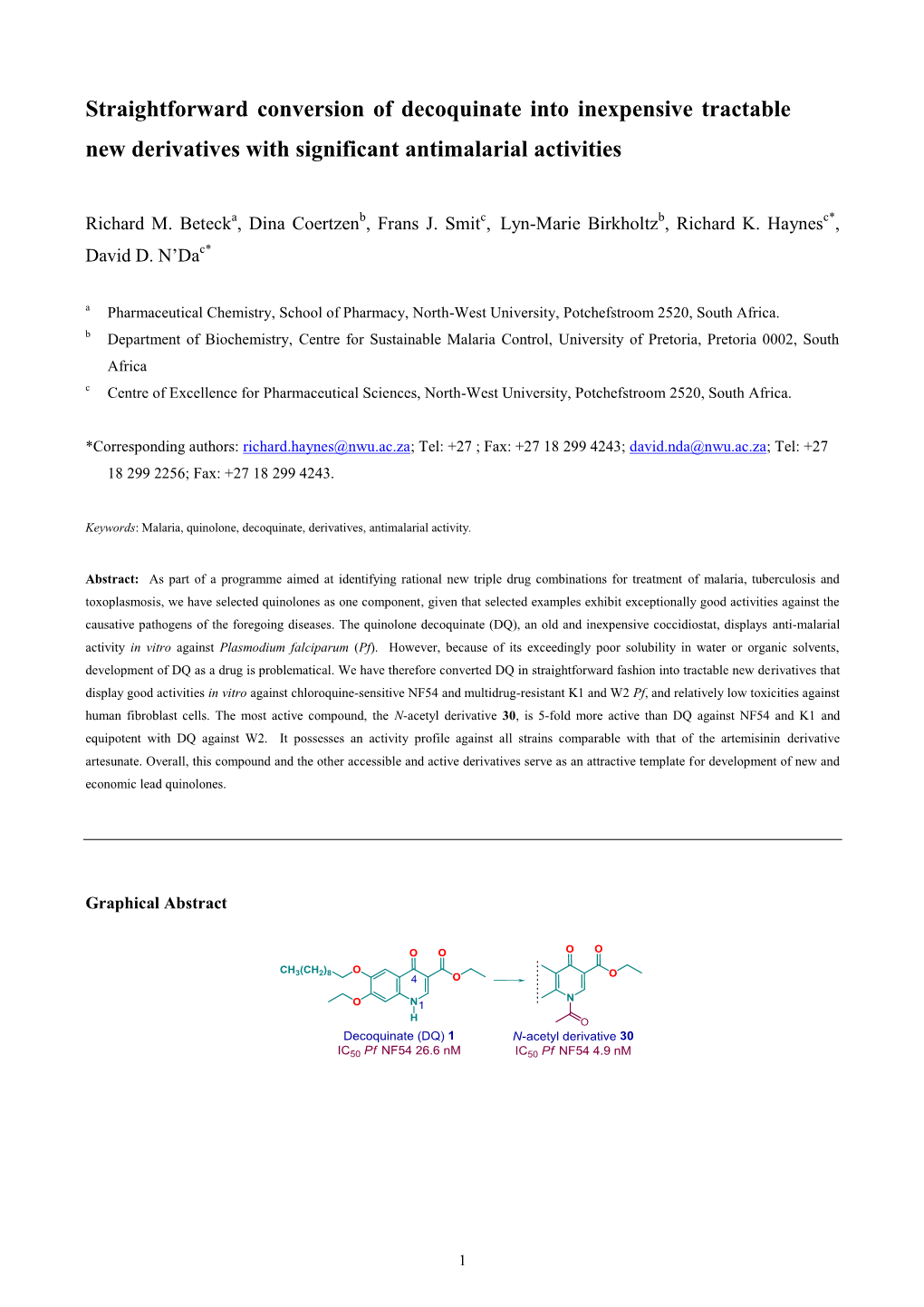 Straightforward Conversion of Decoquinate Into Inexpensive Tractable New Derivatives with Significant Antimalarial Activities