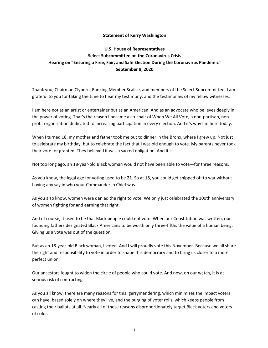 Statement of Kerry Washington U.S. House of Representatives Select Subcommittee on the Coronavirus Crisis Hearing on “Ensuring