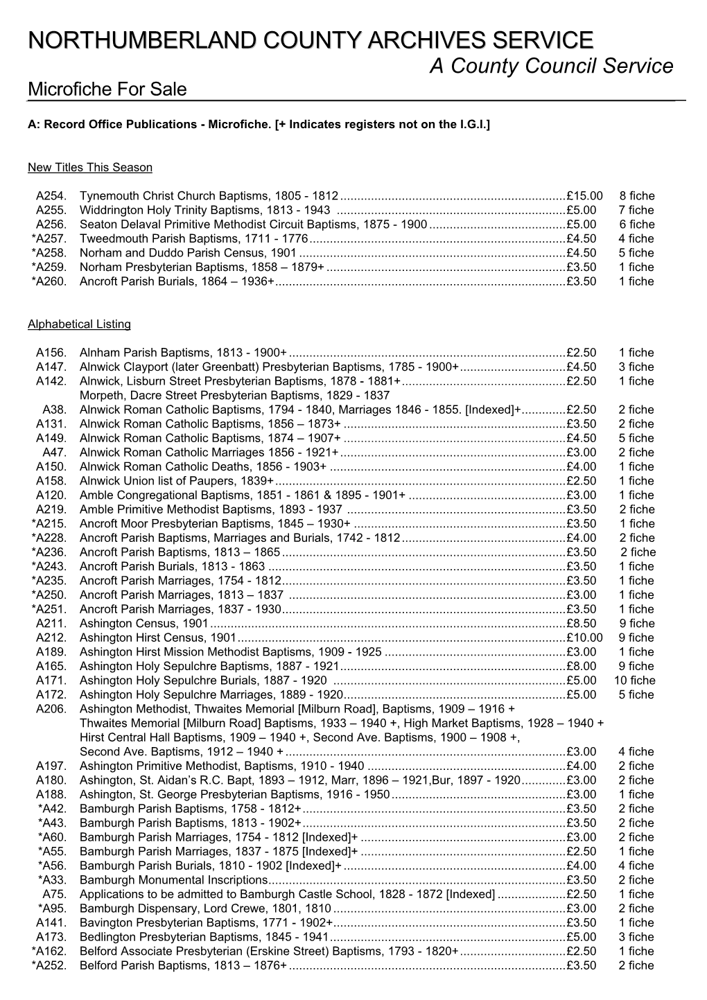 NORTHUMBERLAND COUNTY ARCHIVES SERVICE a County Council Service Microfiche for Sale