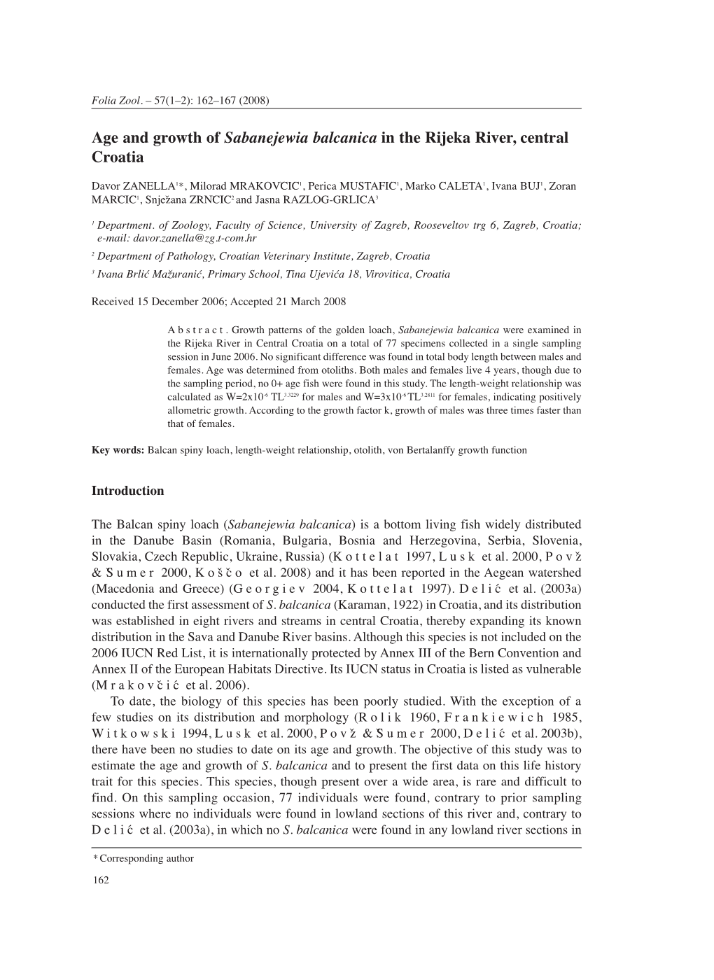 Age and Growth of Sabanejewia Balcanica in the Rijeka River, Central Croatia