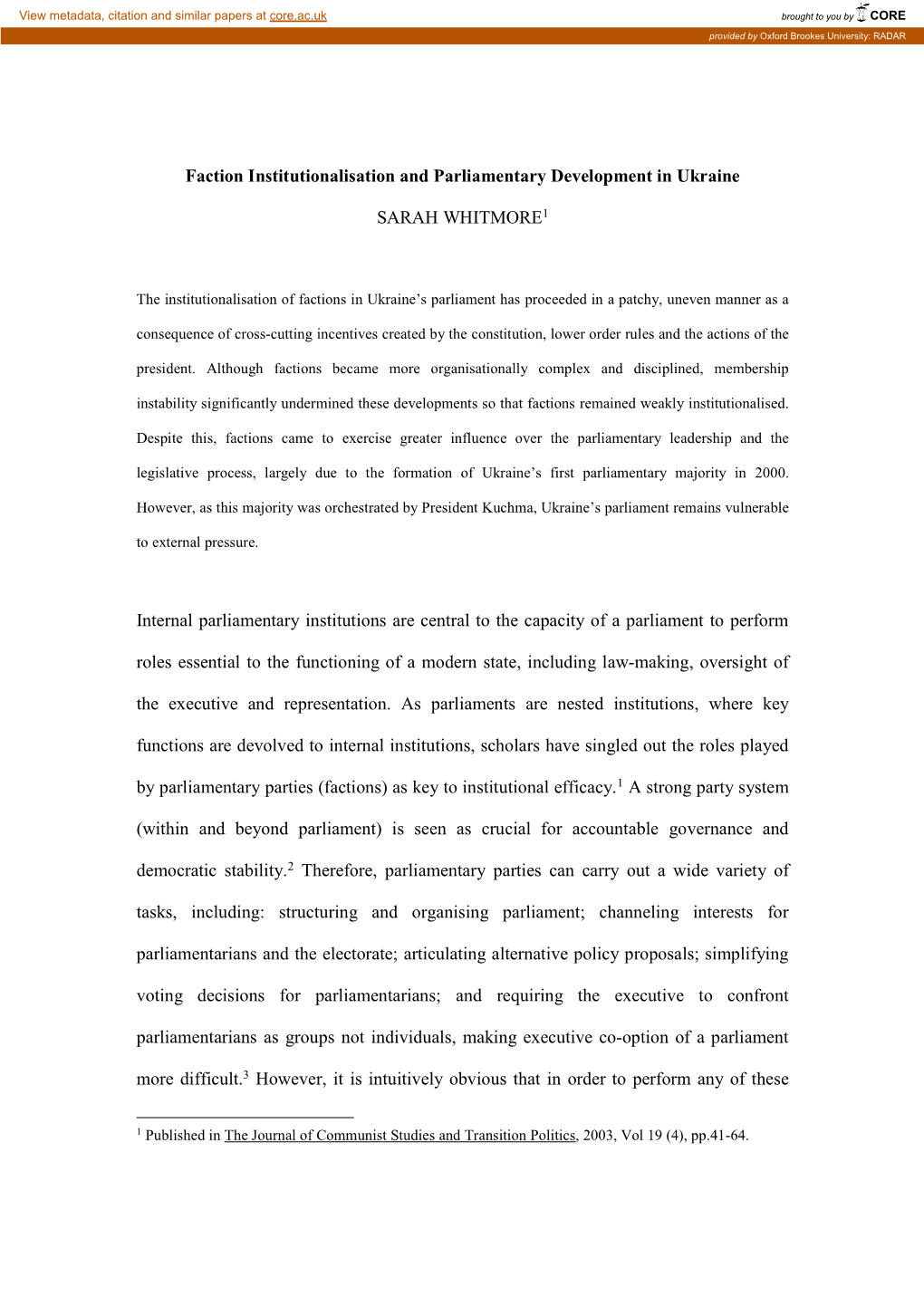 Faction Institutionalisation and Parliamentary Development in Ukraine