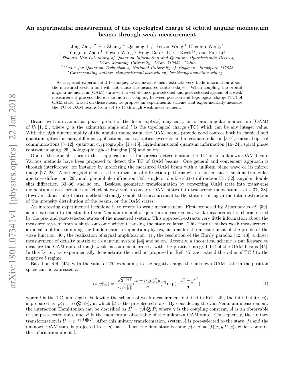 An Experimental Measurement of the Topological Charge of Orbital Angular Momentum Beams Through Weak Measurement