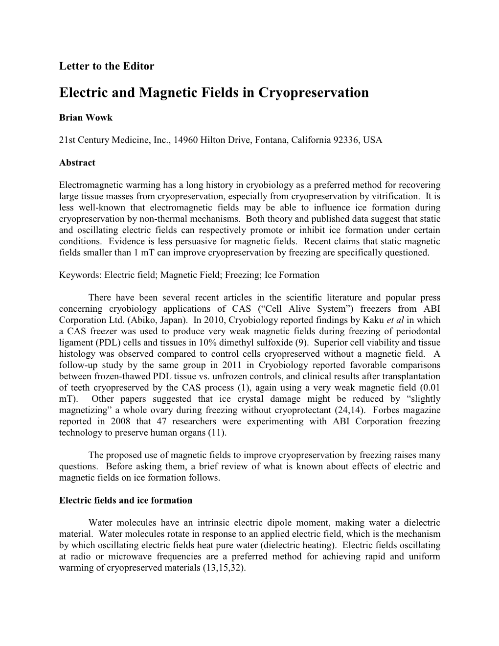 Electric and Magnetic Fields in Cryopreservation