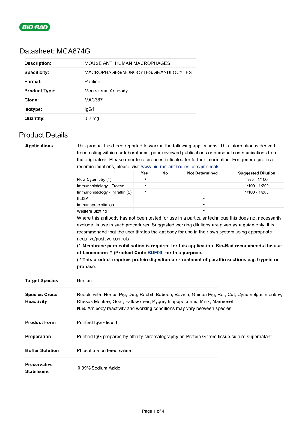 Datasheet: MCA874G