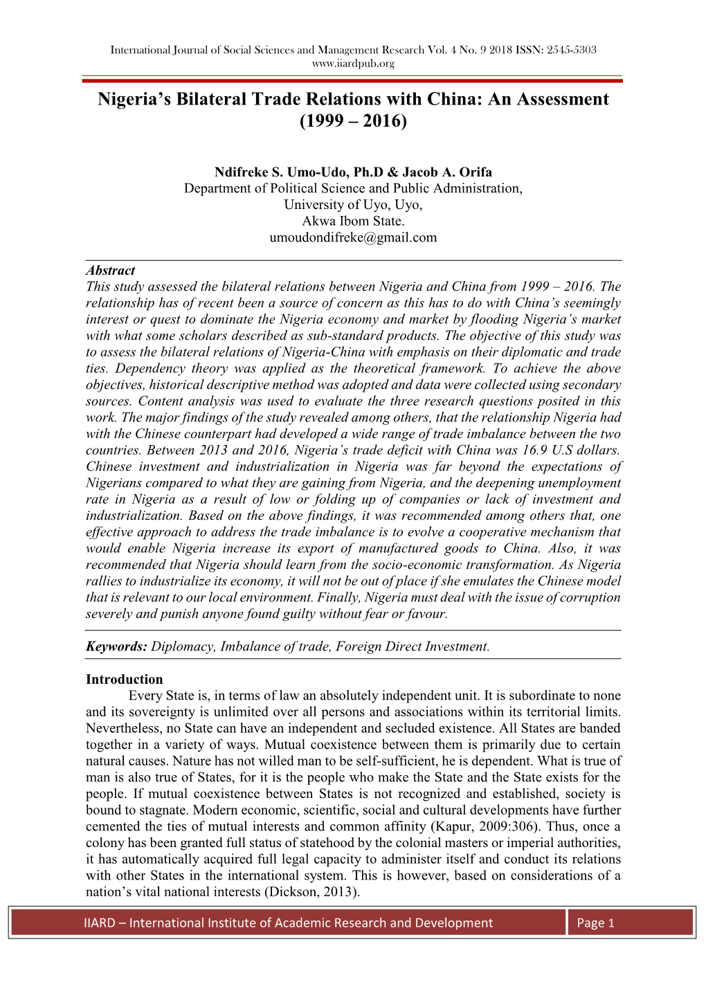 Nigeria's Bilateral Trade Relations with China: an Assessment