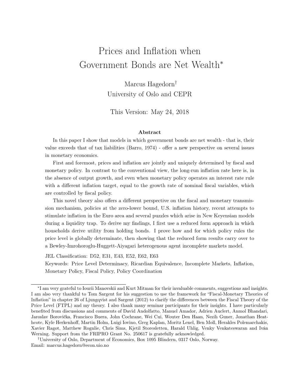 Prices and Inflation When Government Bonds Are Net Wealth