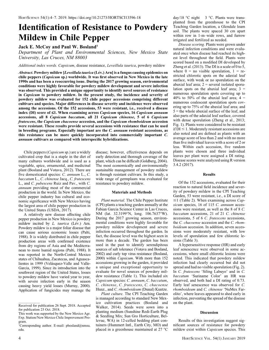 Identification of Resistance to Powdery Mildew in Chile Pepper