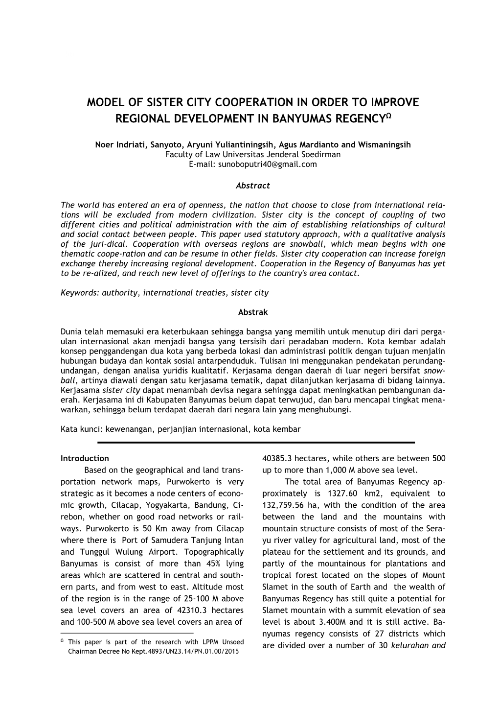 Model of Sister City Cooperation in Order to Improve Regional Development in Banyumas Regencyω