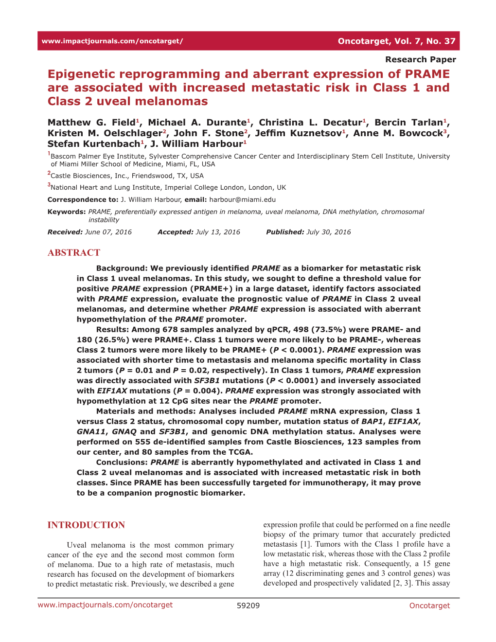 Epigenetic Reprogramming and Aberrant Expression of PRAME Are Associated with Increased Metastatic Risk in Class 1 and Class 2 Uveal Melanomas