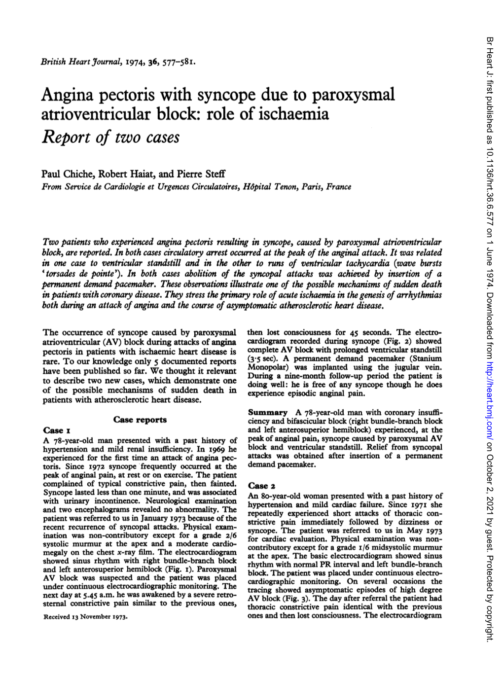 Angina Pectoris with Syncope Due to Paroxysmal Atrioventricular Block: Role of Ischaemia Report of Two Cases