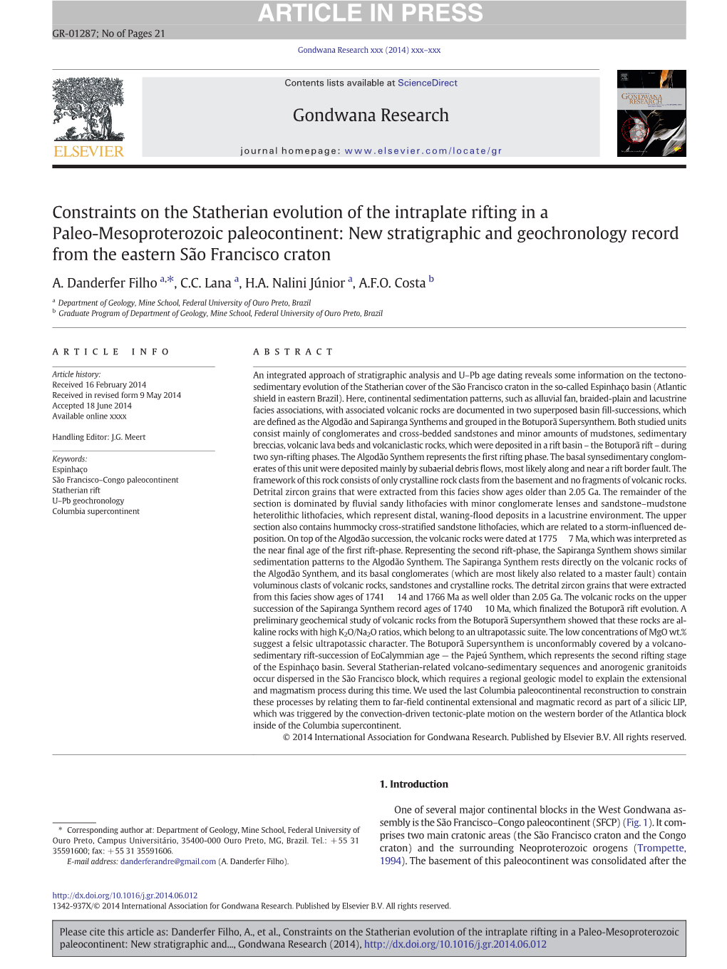 Constraints on the Statherian Evolution of the Intraplate Rifting in A