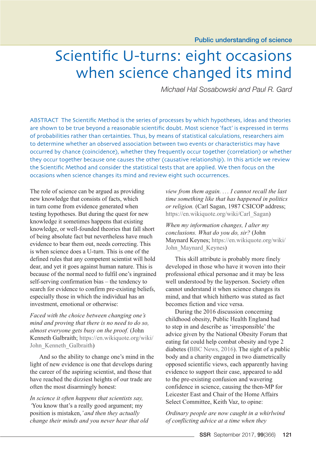 Scientific U-Turns: Eight Occasions When Science Changed Its Mind Michael Hal Sosabowski and Paul R