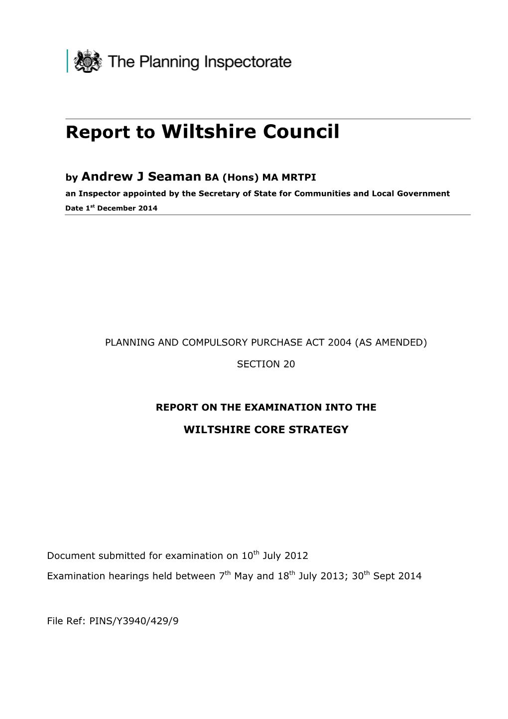 Wiltshire Core Strategy, Inspector's Report