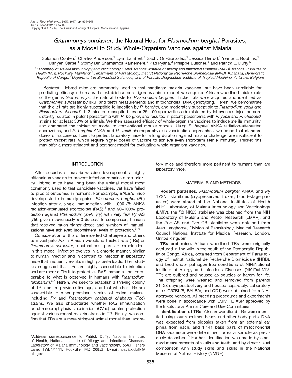 Grammomys Surdaster, the Natural Host for Plasmodium Berghei Parasites, As a Model to Study Whole-Organism Vaccines Against Malaria