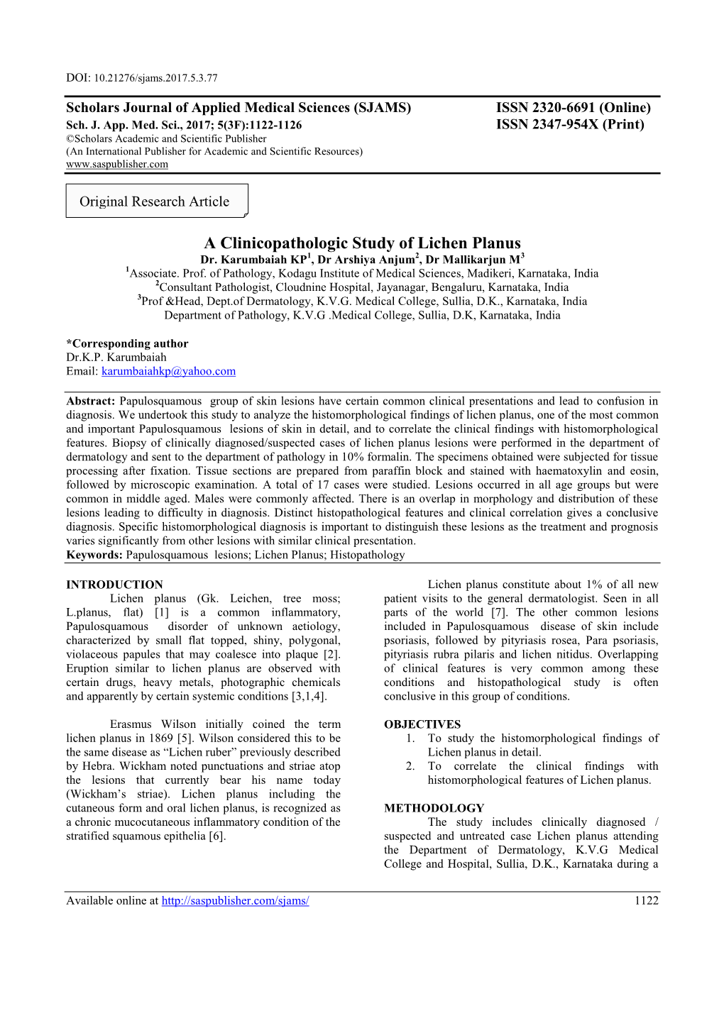 A Clinicopathologic Study of Lichen Planus Dr