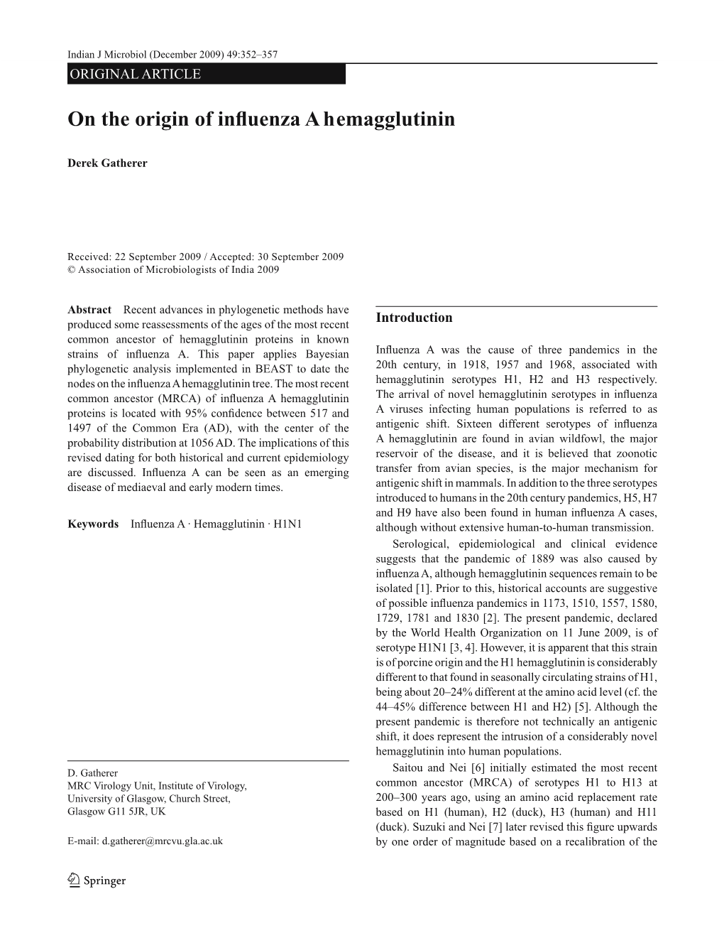 On the Origin of Influenza a Hemagglutinin