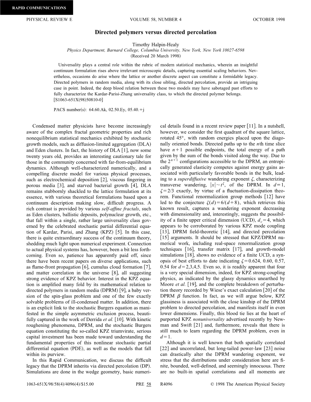 Directed Polymers Versus Directed Percolation