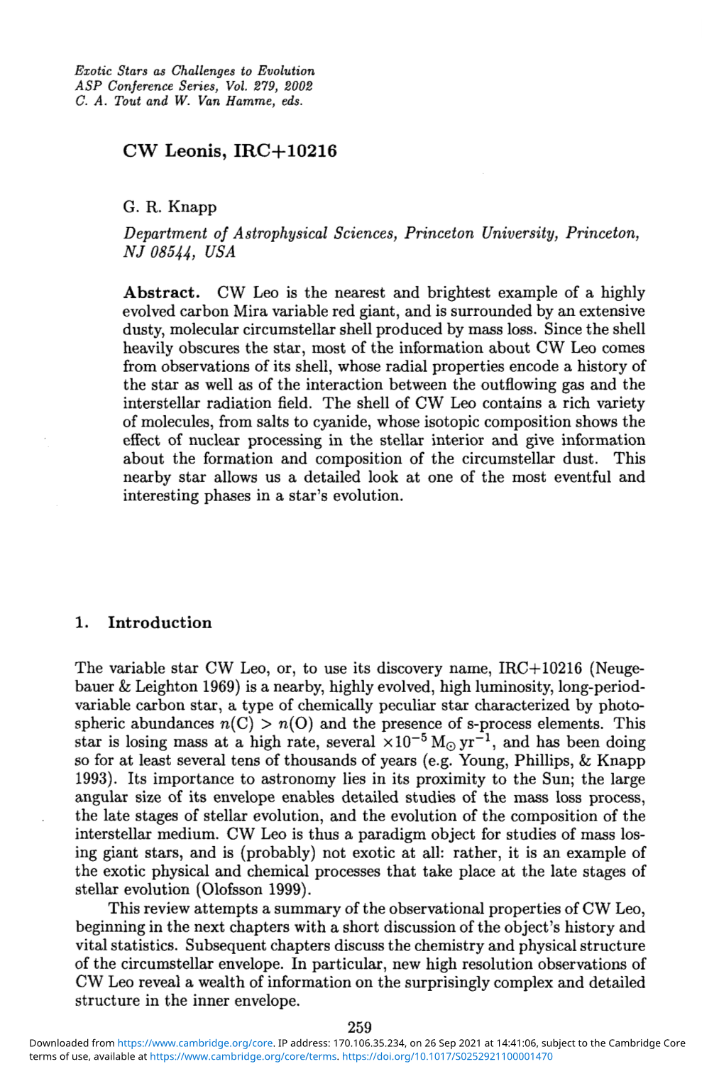 CW Leonis, IRC+10216 G. R. Knapp Department of Astrophysical