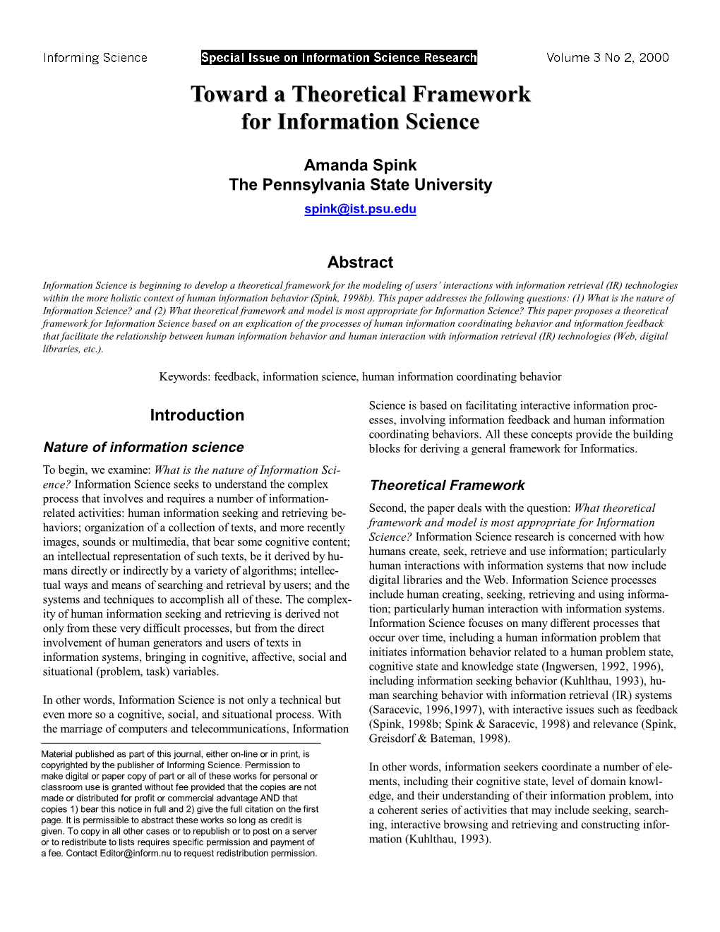 Toward a Theoretical Framework for Information Science