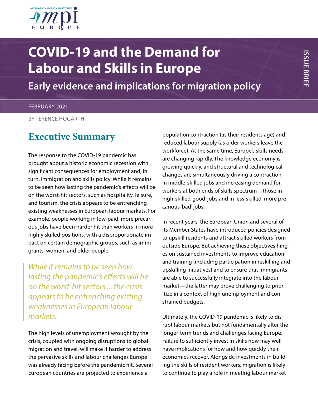 Covid-19 and the Demand for Labour and Skills in Europe Covid-19 and the Demand for Labour and Skills in Europe