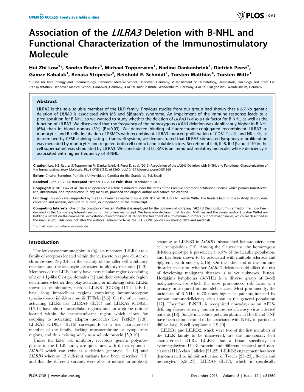 Association of the LILRA3 Deletion with B-NHL and Functional Characterization of the Immunostimulatory Molecule