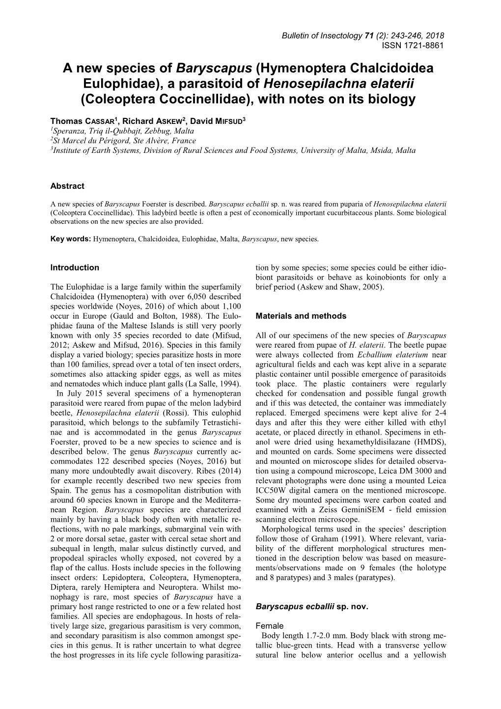 A New Species of Baryscapus (Hymenoptera Chalcidoidea Eulophidae), a Parasitoid of Henosepilachna Elaterii (Coleoptera Coccinellidae), with Notes on Its Biology