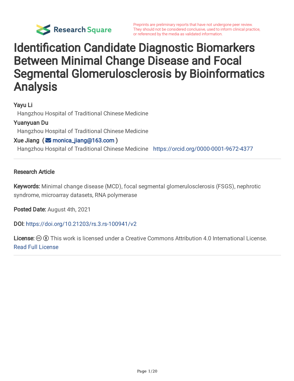 Identi Cation Candidate Diagnostic Biomarkers Between Minimal