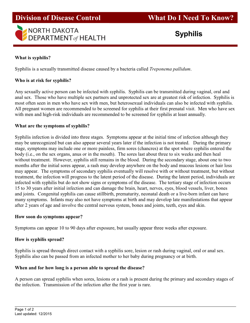 Syphilis Division of Disease Control What Do I Need to Know?