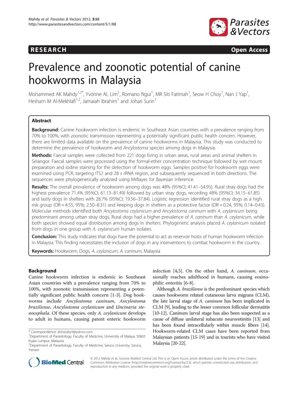 Prevalence and Zoonotic Potential of Canine Hookworms in Malaysia