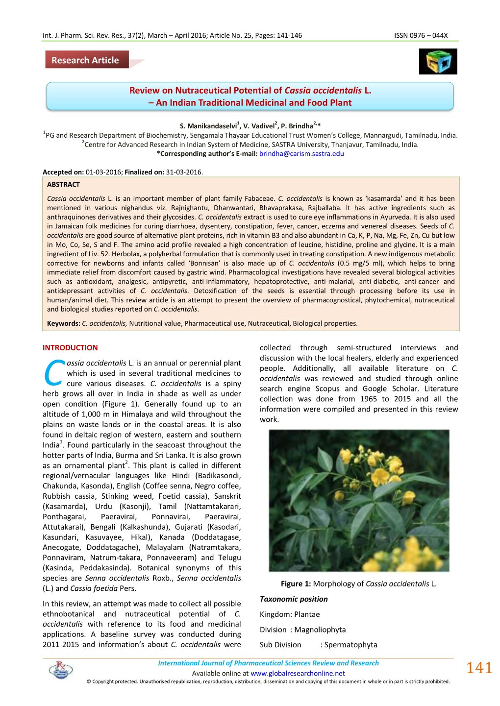 Review on Nutraceutical Potential of Cassia Occidentalis L. – an Indian Traditional Medicinal and Food Plant