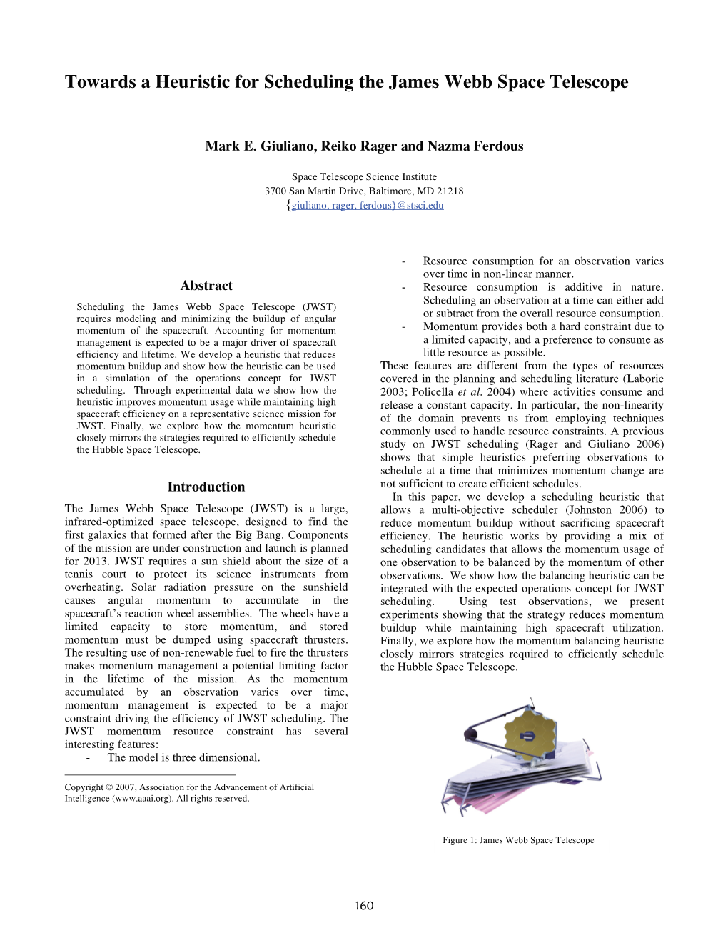 Towards a Heuristic for Scheduling the James Webb Space Telescope