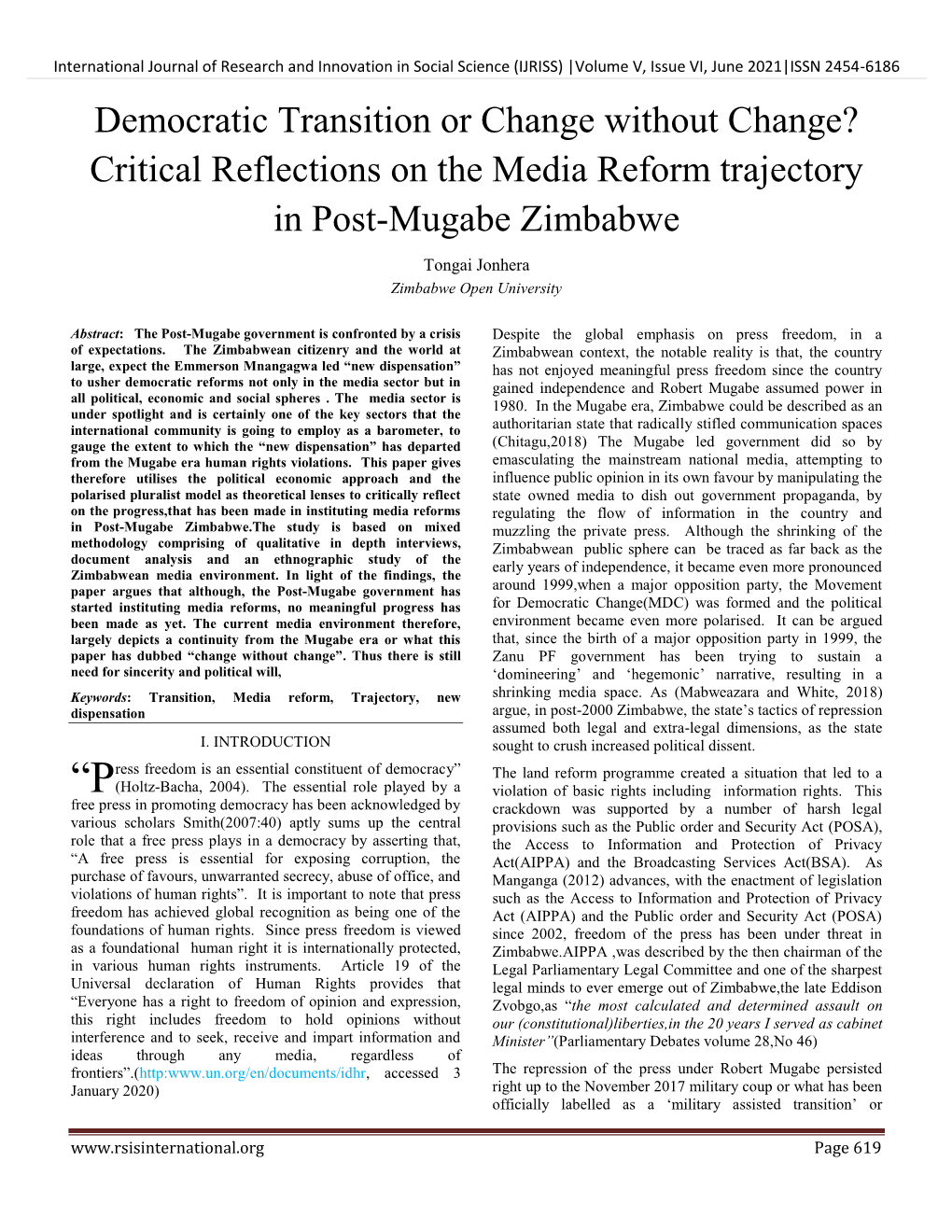 Critical Reflections on the Media Reform Trajectory in Post-Mugabe Zimbabwe