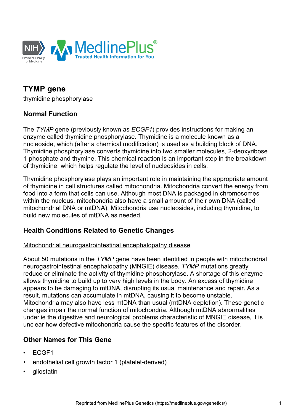 TYMP Gene Thymidine Phosphorylase