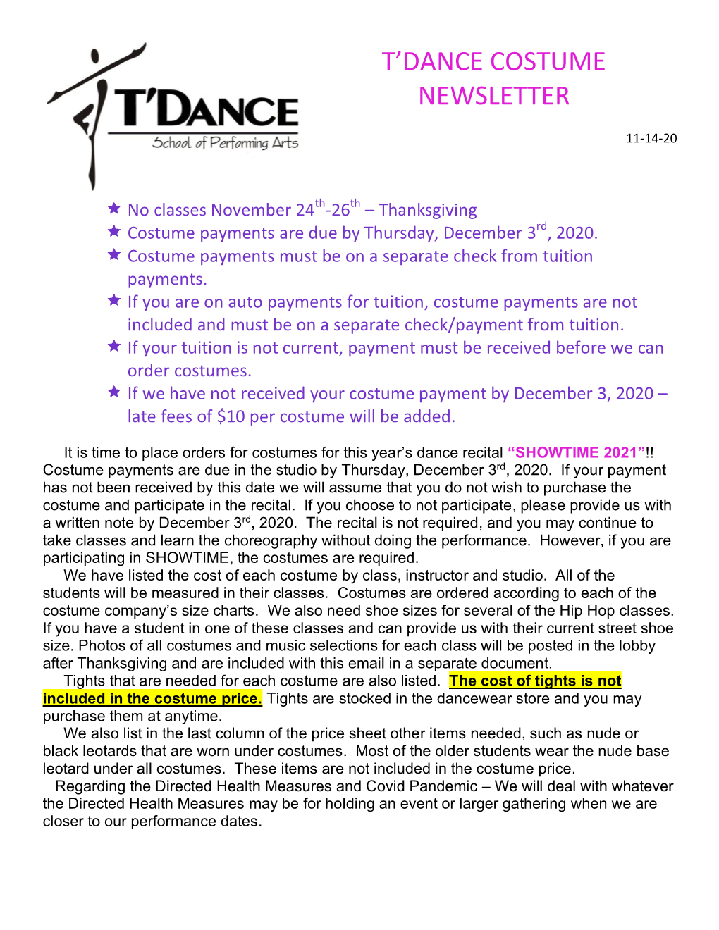T'dance Costume Newsletter