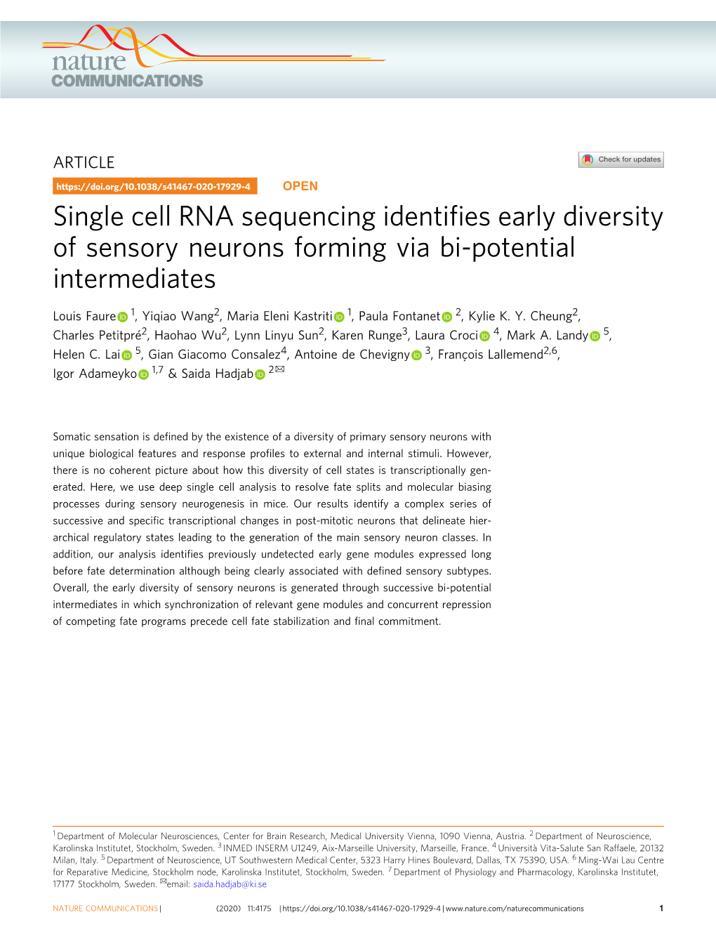 Single Cell RNA Sequencing Identifies Early Diversity of Sensory Neurons