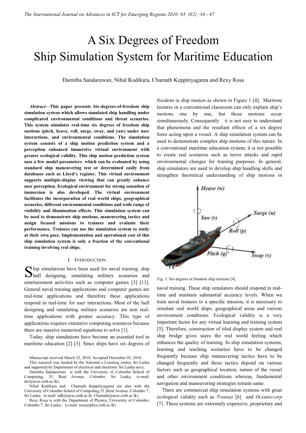 A Six Degrees of Freedom Ship Simulation System for Maritime Education