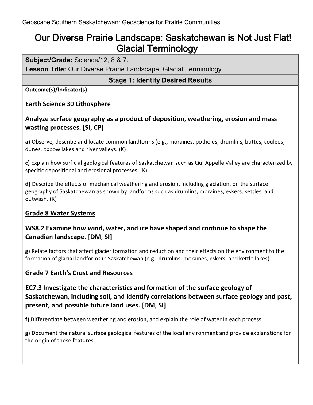 Glacial Terminology Subject/Grade: Science/12, 8 & 7