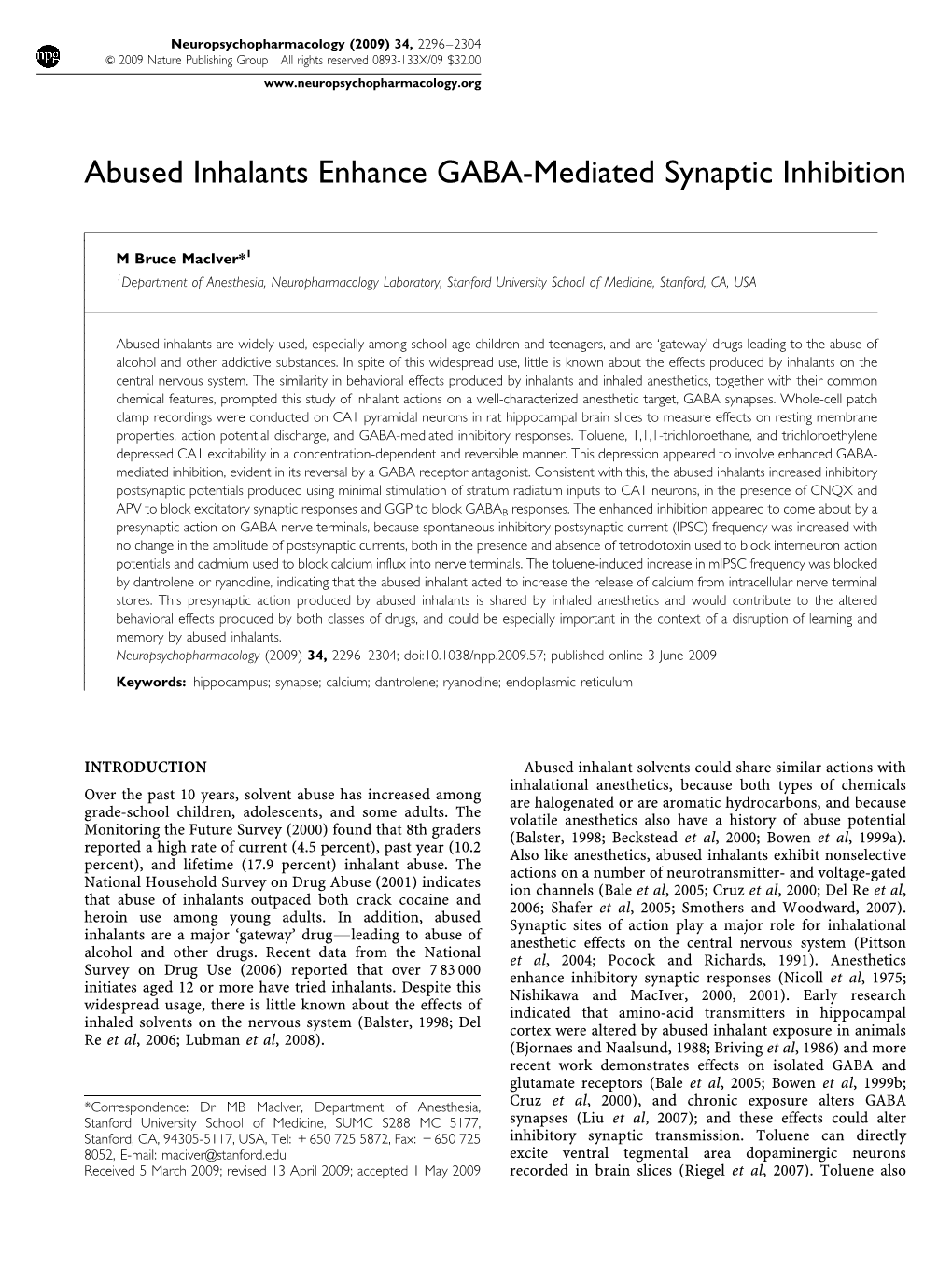 Abused Inhalants Enhance GABA-Mediated Synaptic Inhibition
