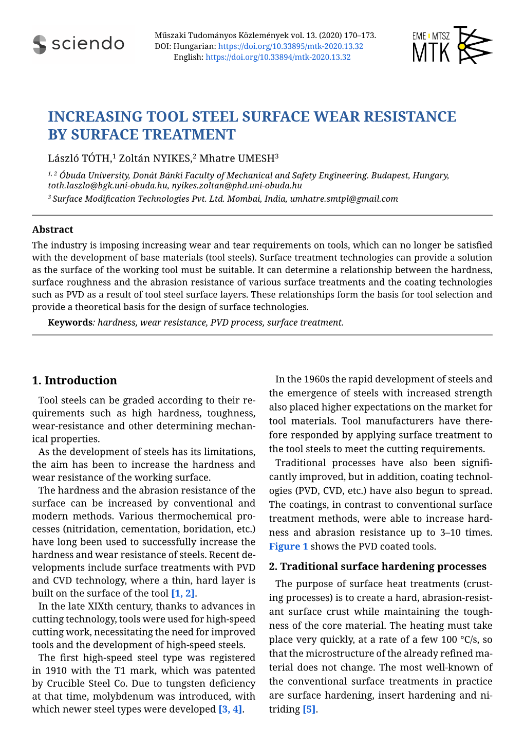 Increasing Tool Steel Surface Wear Resistance by Surface Treatment