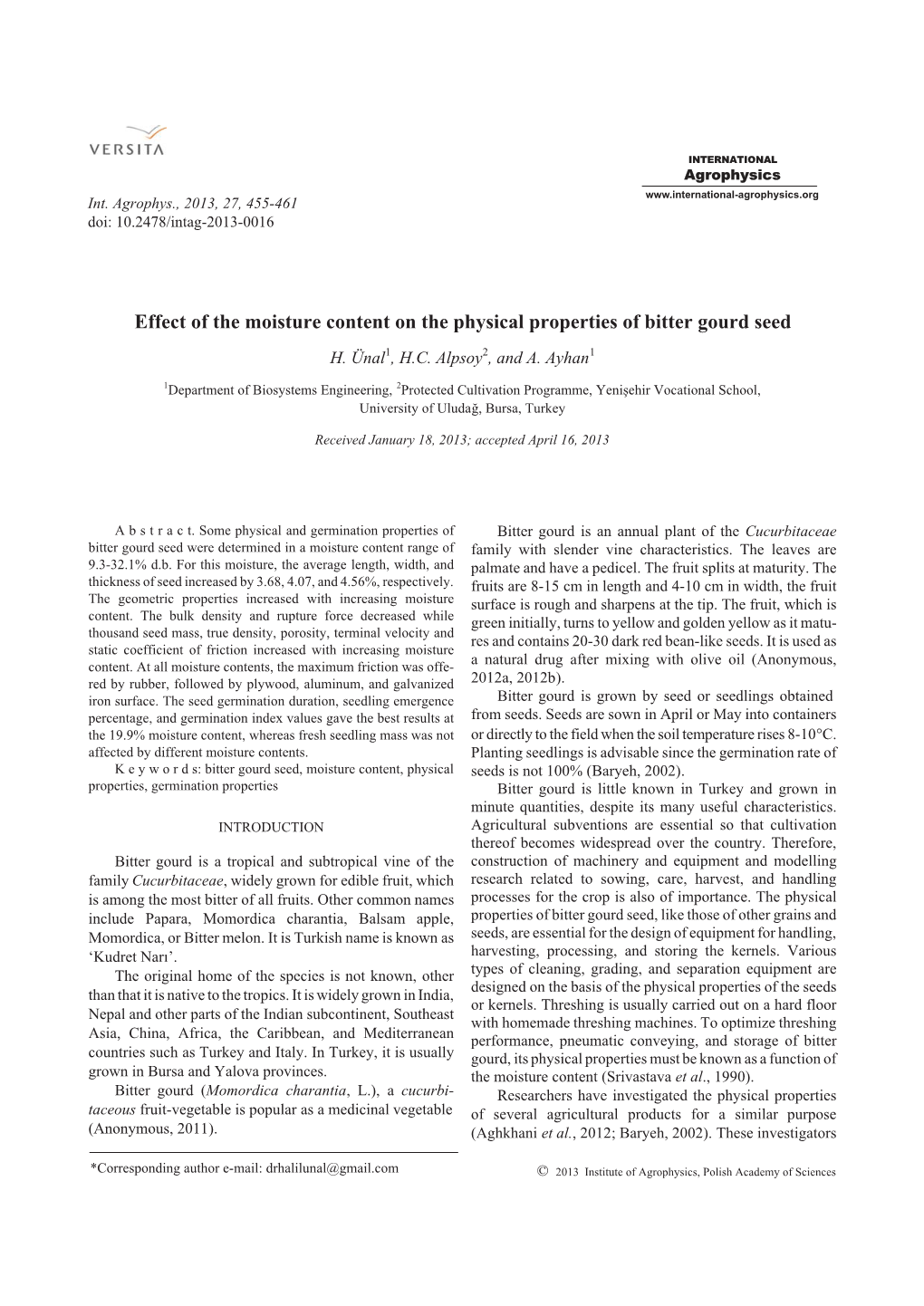 Effect of the Moisture Content on the Physical Properties of Bitter Gourd Seed