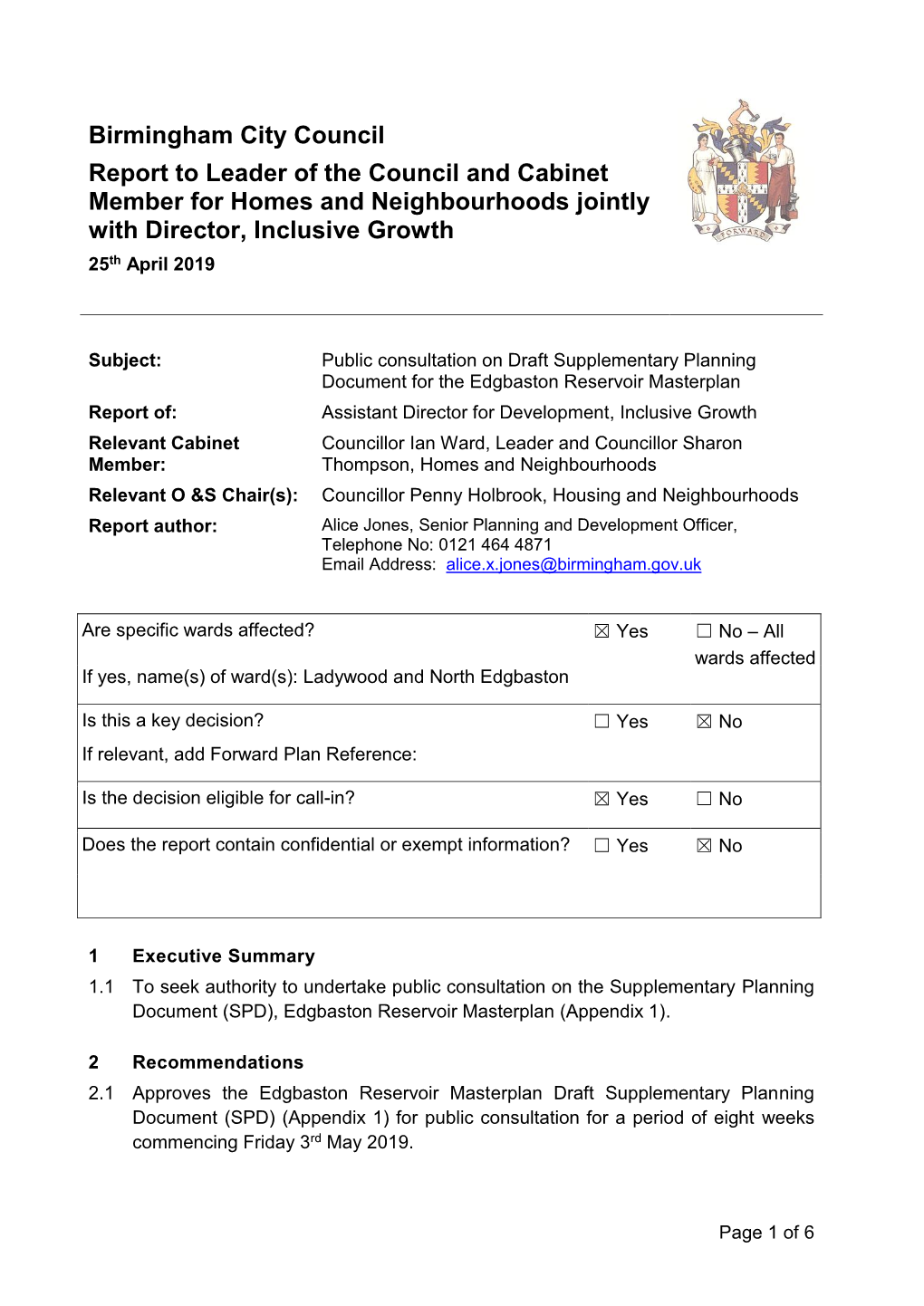 Birmingham City Council Report to Leader of the Council and Cabinet Member for Homes and Neighbourhoods Jointly with Director, Inclusive Growth