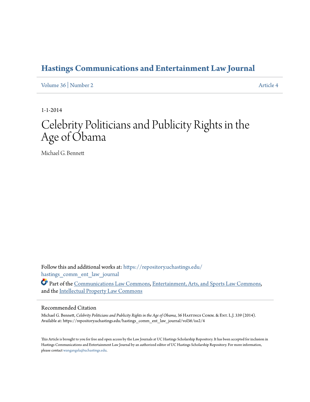 Celebrity Politicians and Publicity Rights in the Age of Obama Michael G