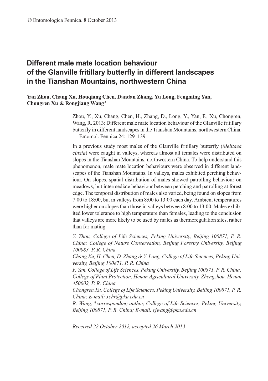 Different Male Mate Location Behaviour of the Glanville Fritillary Butterfly in Different Landscapes in the Tianshan Mountains, Northwestern China