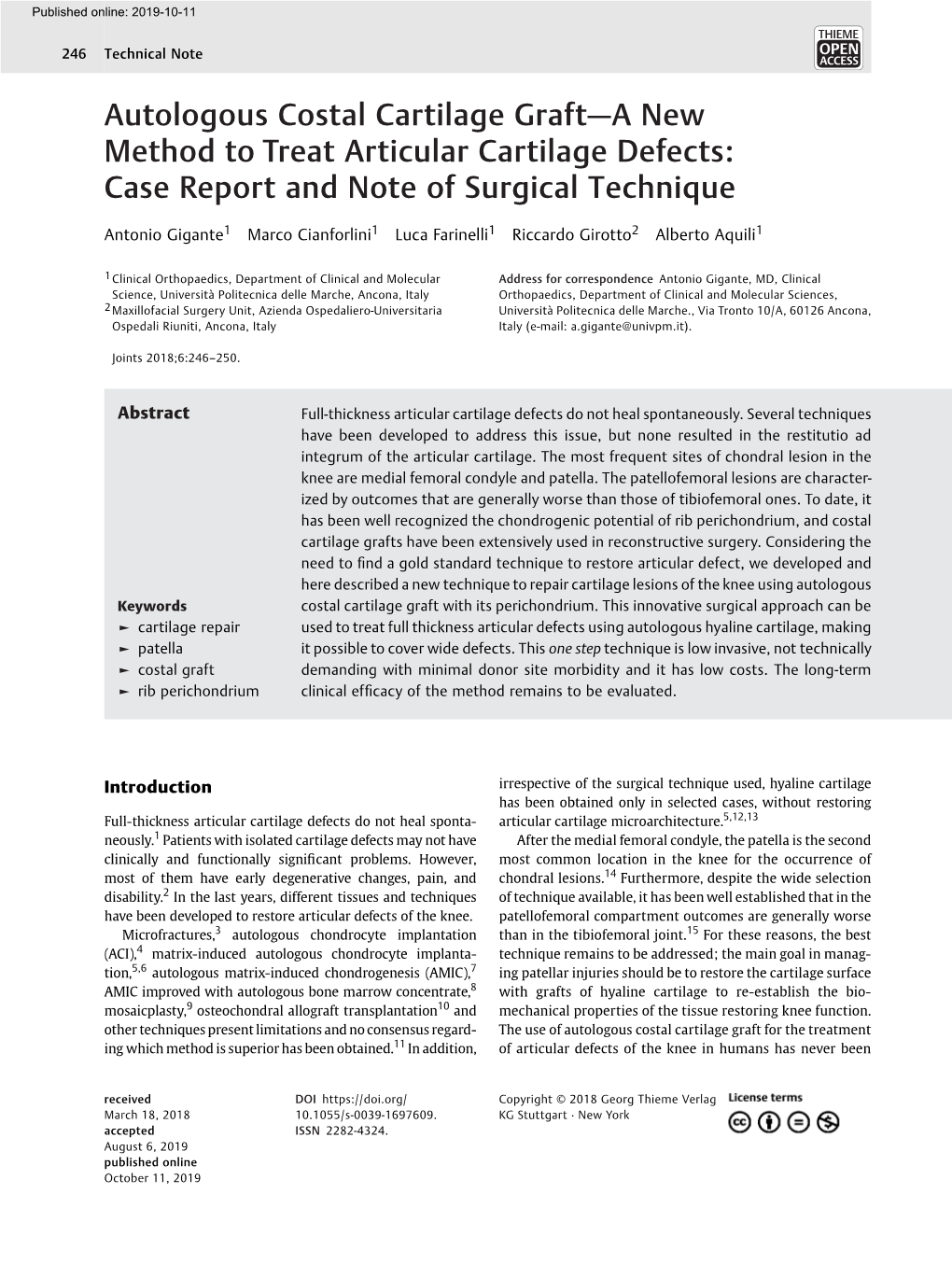 Autologous Costal Cartilage Graft—A New Method to Treat Articular